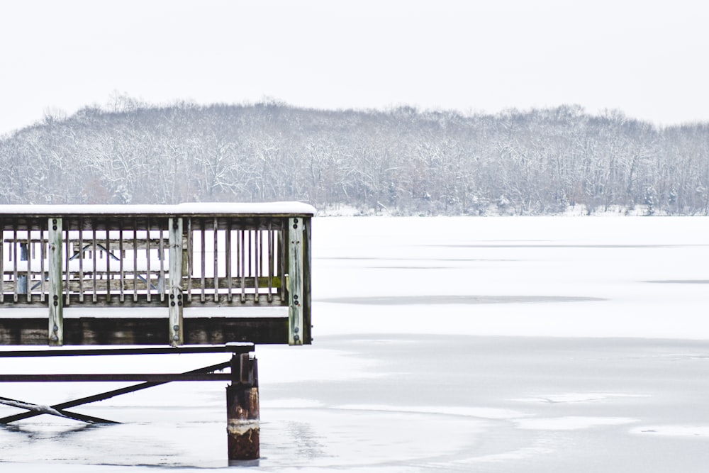 凍った湖の上に座るベンチ