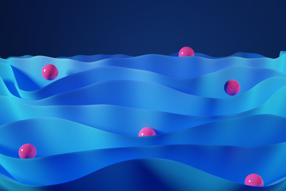 a blue background with pink balls floating in the water