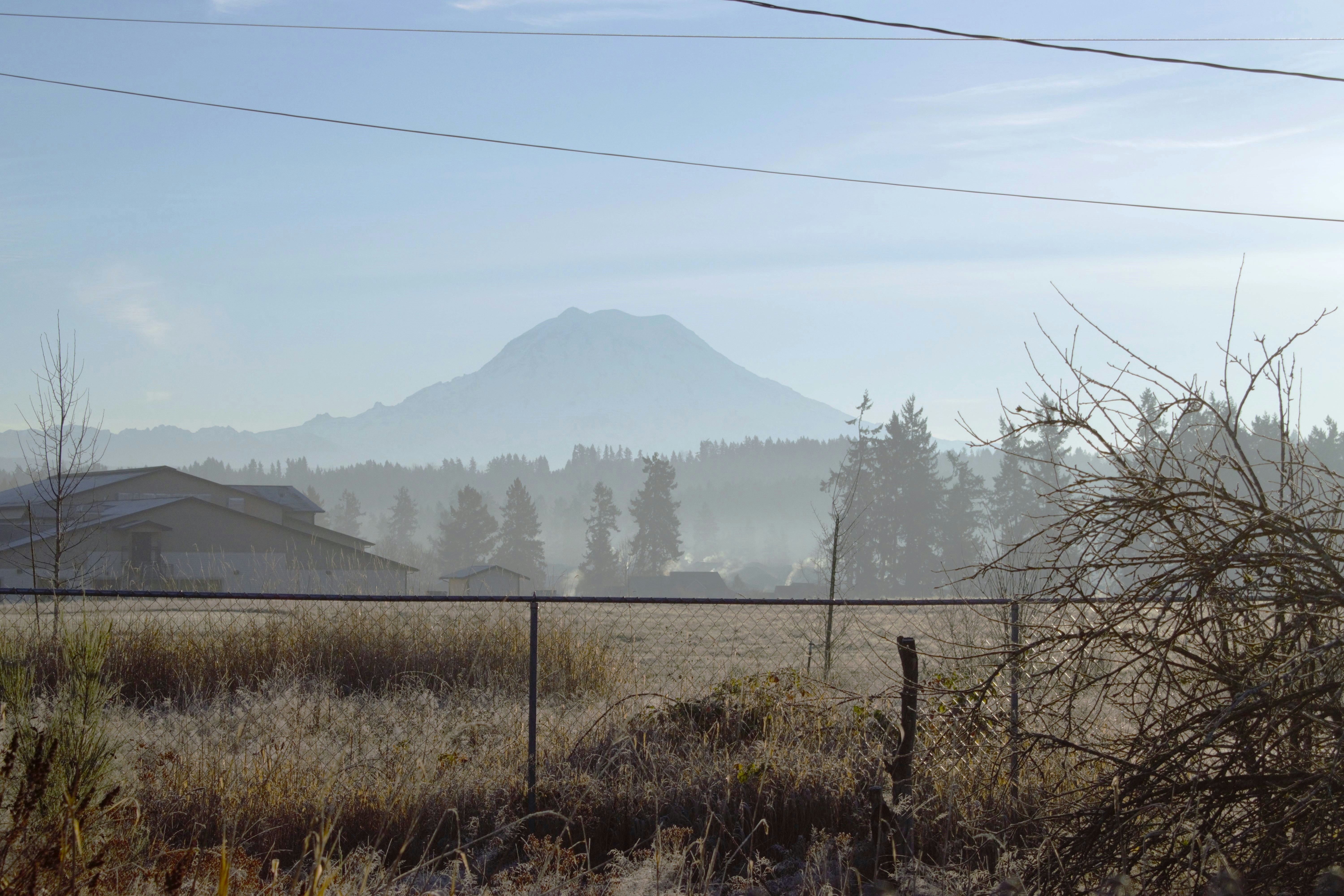 ein eingezäuntes Feld mit einem Haus im Hintergrund