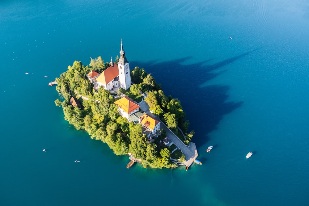a small island with a church on top of it