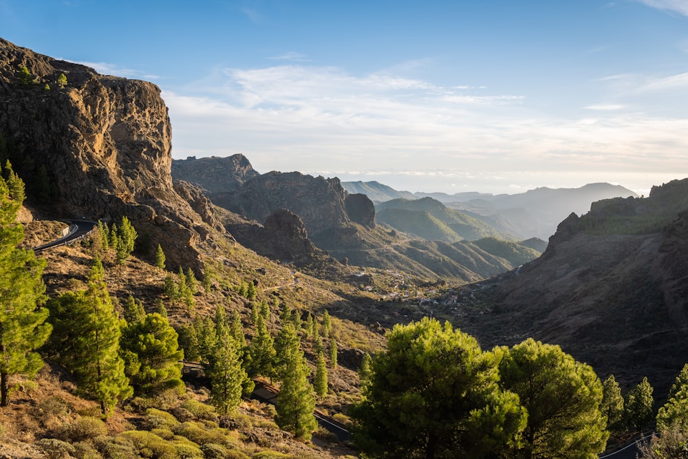 a scenic view of mountains and trees on a sunny day