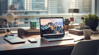 a laptop computer sitting on top of a wooden desk