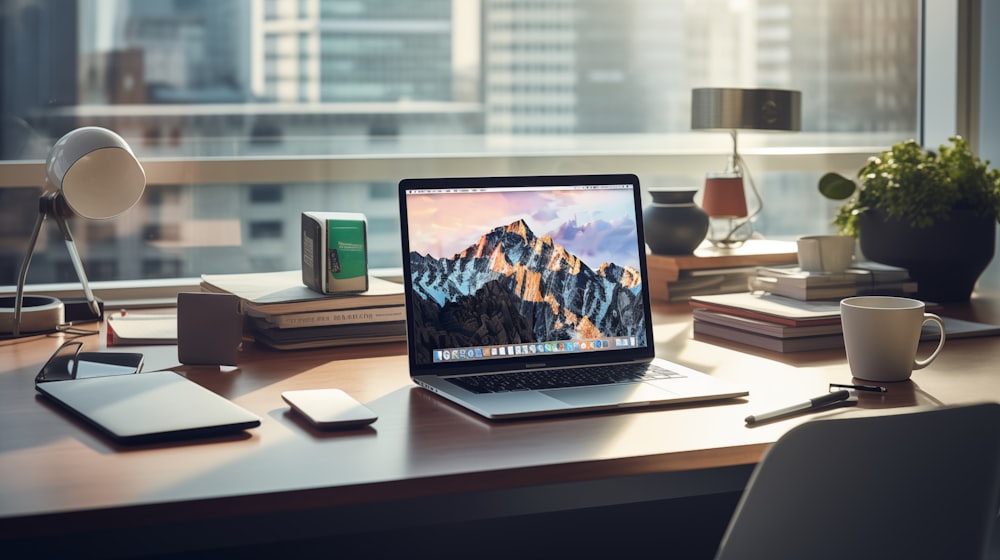 a laptop computer sitting on top of a wooden desk