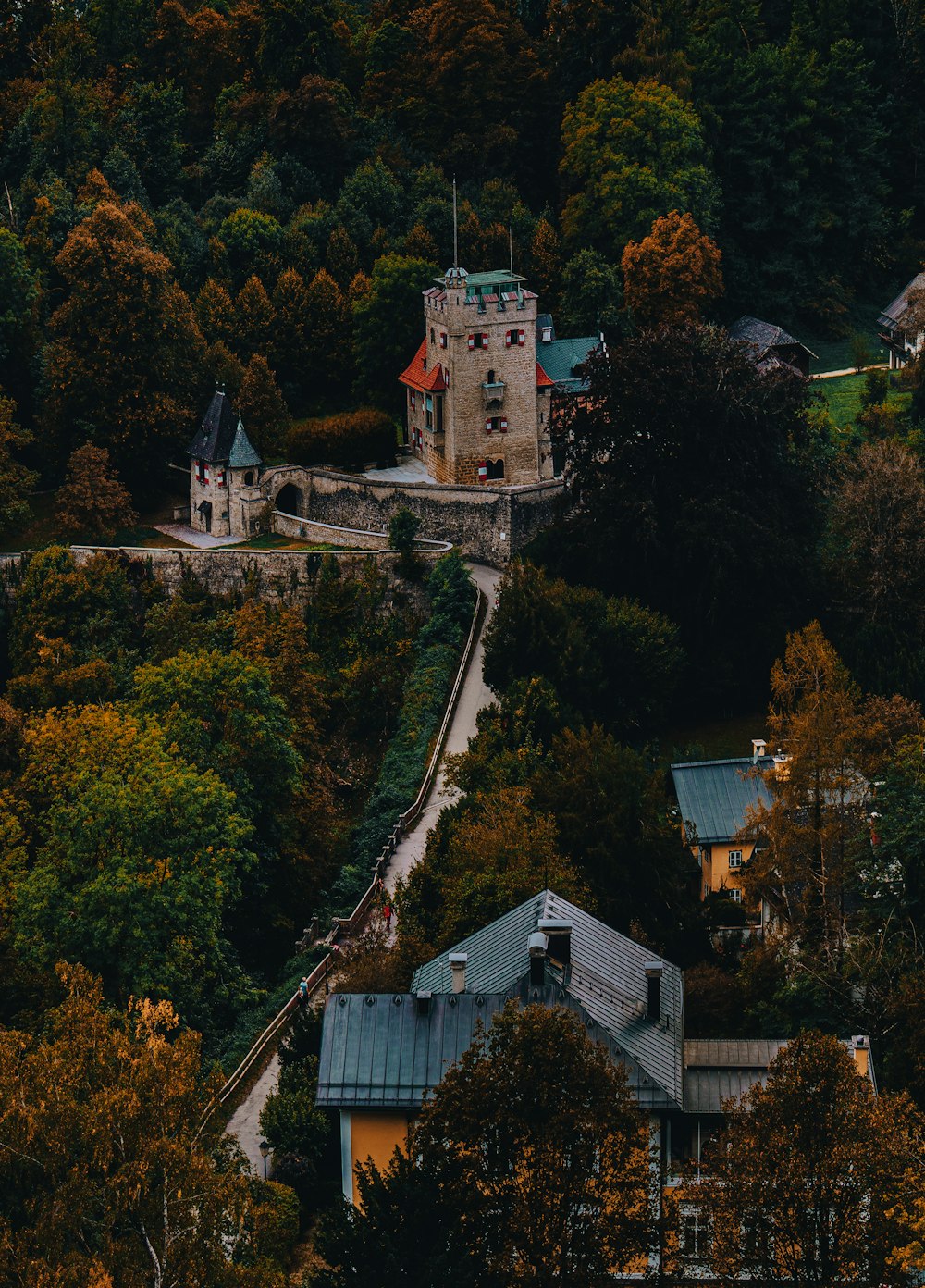 an aerial view of a castle surrounded by trees