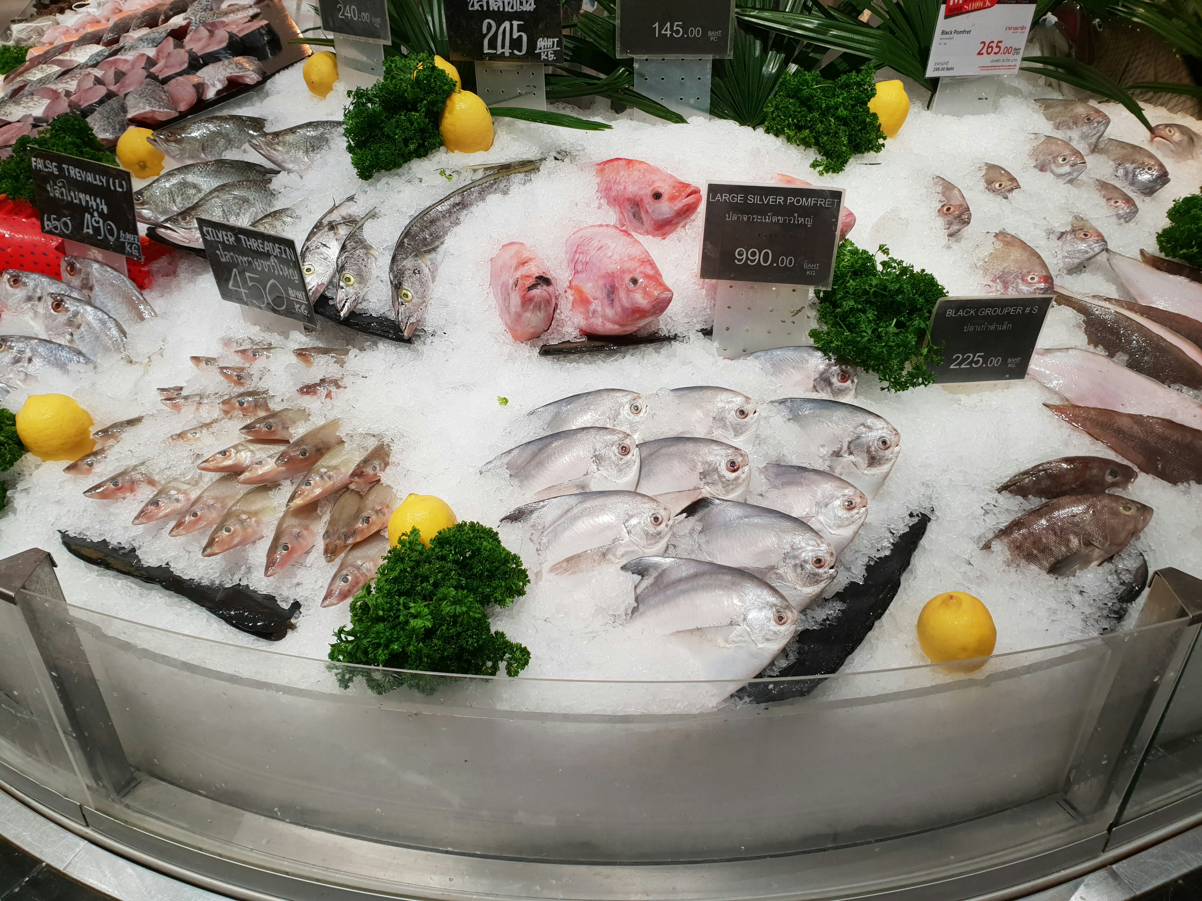 Fresh whole fish displayed on ice with lemon slices and herbs, bright clean market lighting