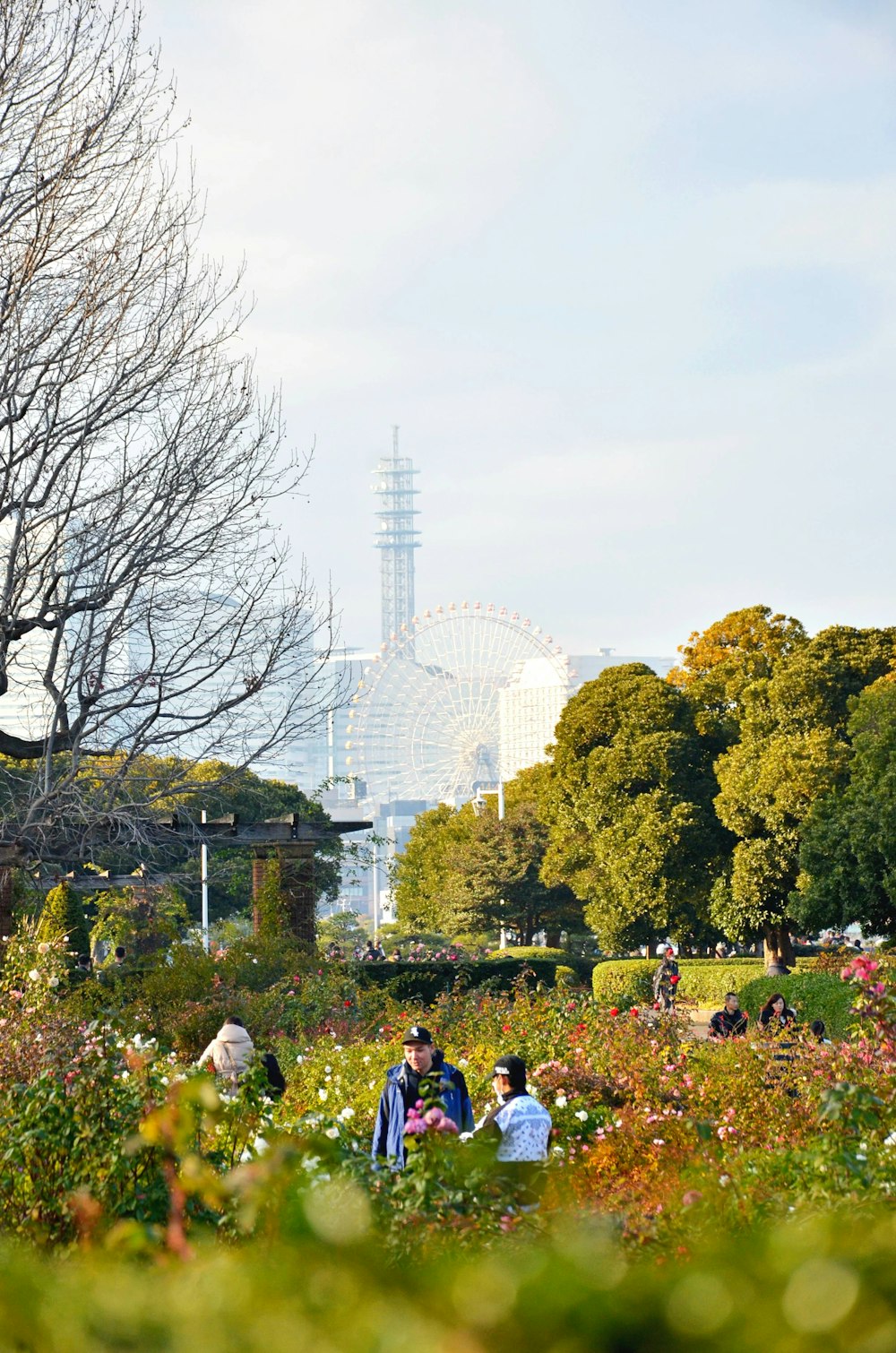 a group of people sitting on a bench in a park