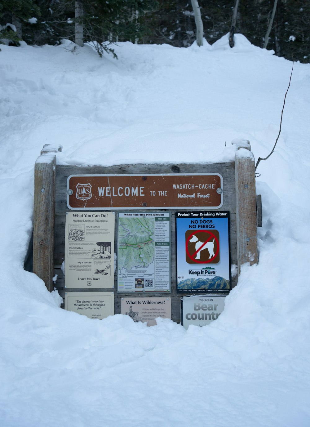 a sign in the middle of a snow covered field