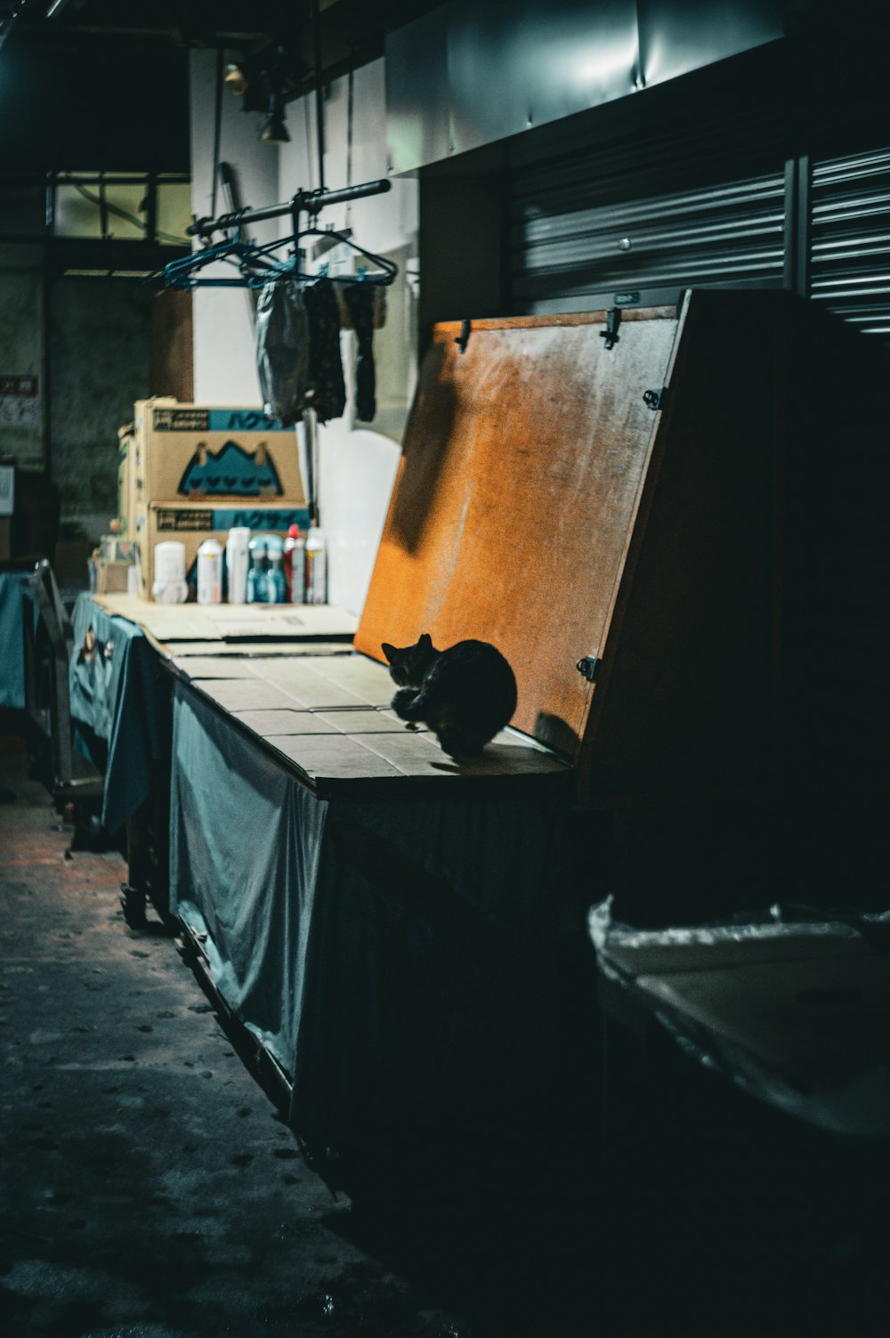 a black cat sitting on top of a wooden box