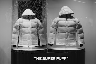 a black and white photo of a pair of jackets