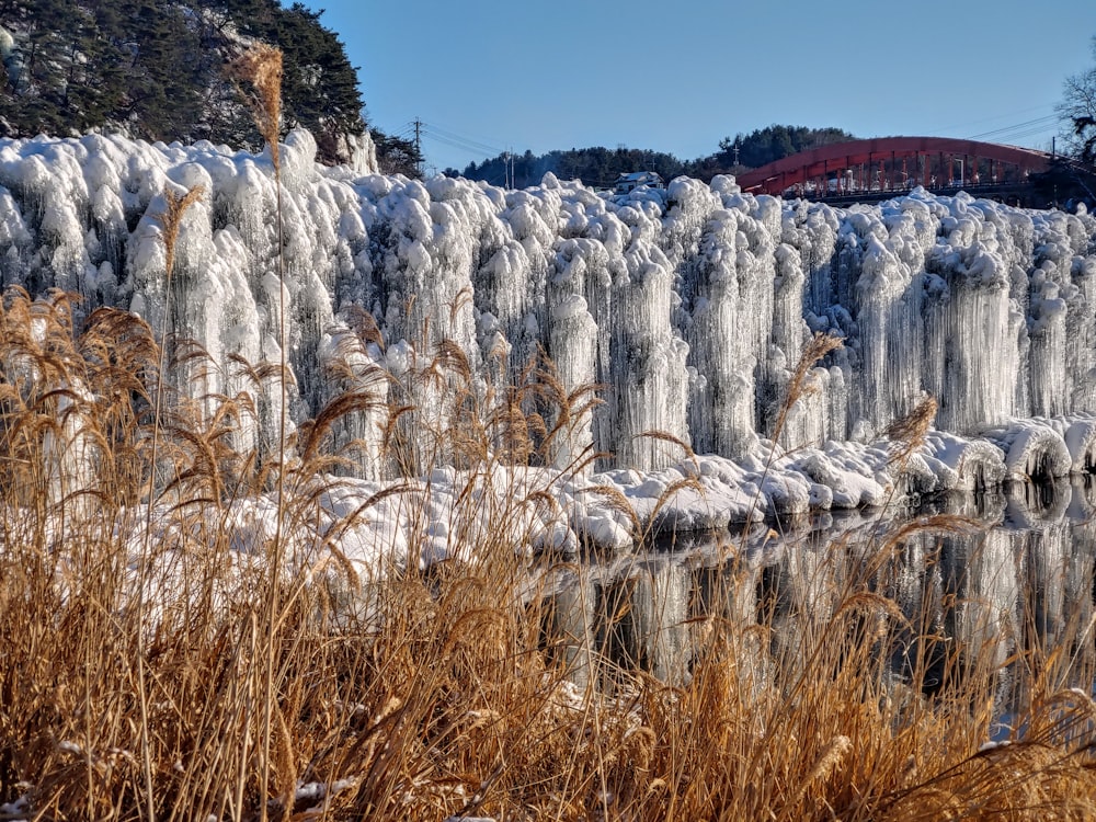 a large waterfall of ice and snow next to a river