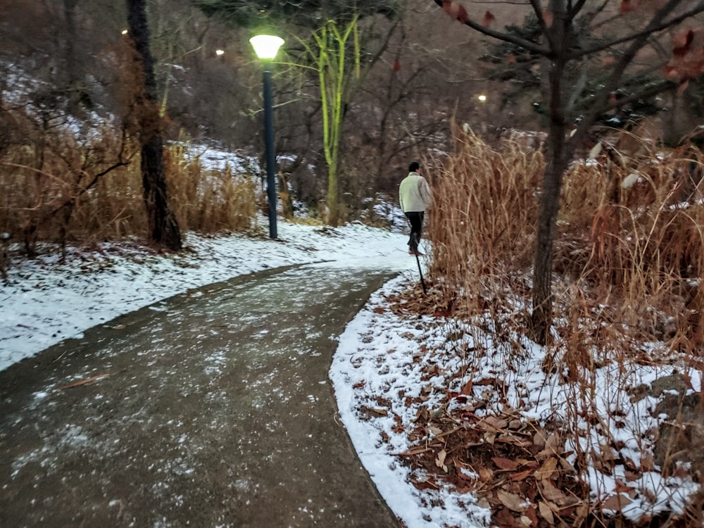 a person walking down a path in the snow