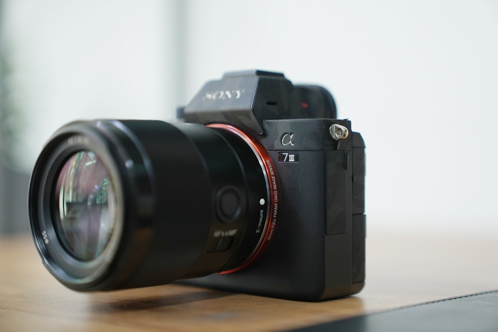 a close up of a camera on a table