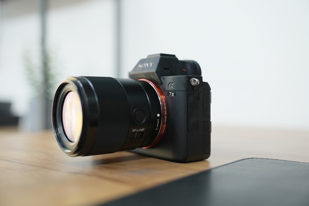 a close up of a camera on a table