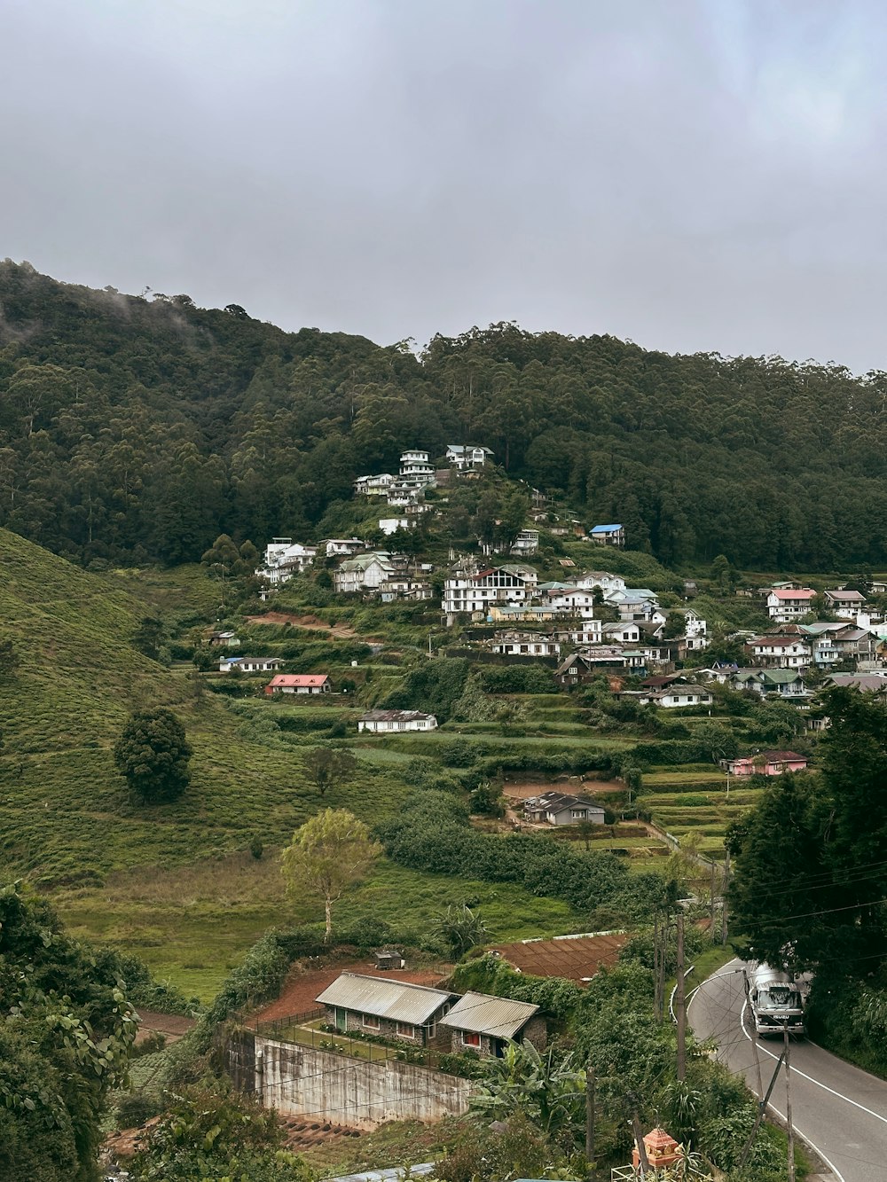 a view of a small town on a hill