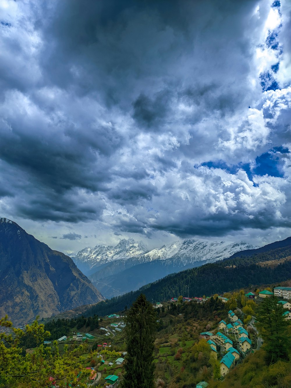 a view of a valley with mountains in the background