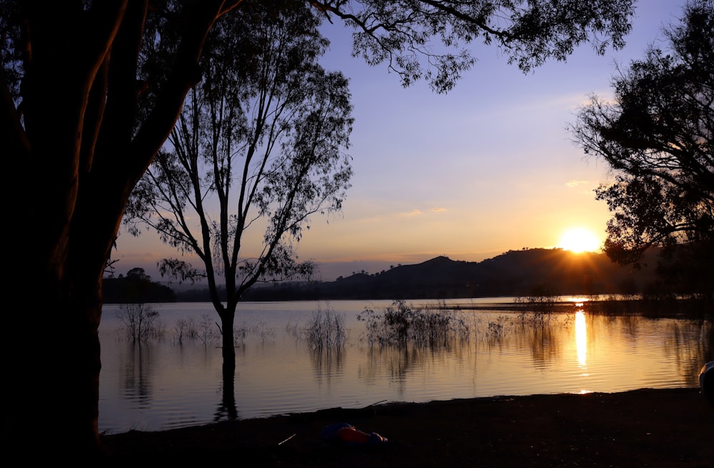 il sole sta tramontando su uno specchio d'acqua