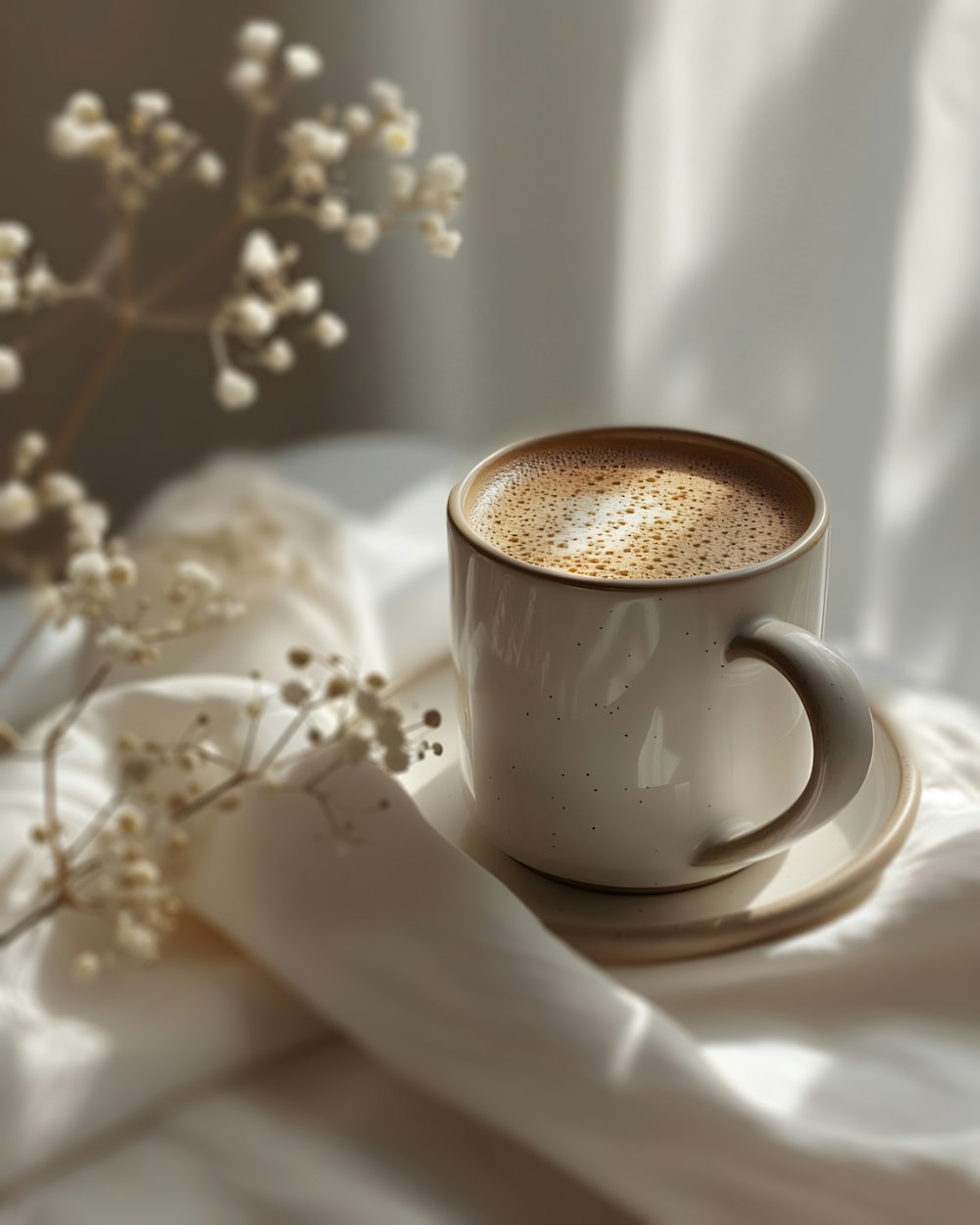 a cup of coffee sitting on top of a white blanket