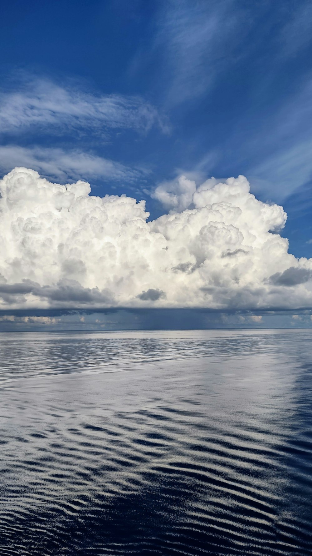 a large body of water under a cloudy blue sky