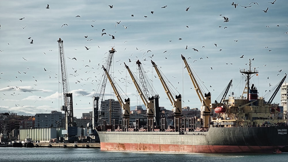 a large ship in the water with a lot of birds flying around it