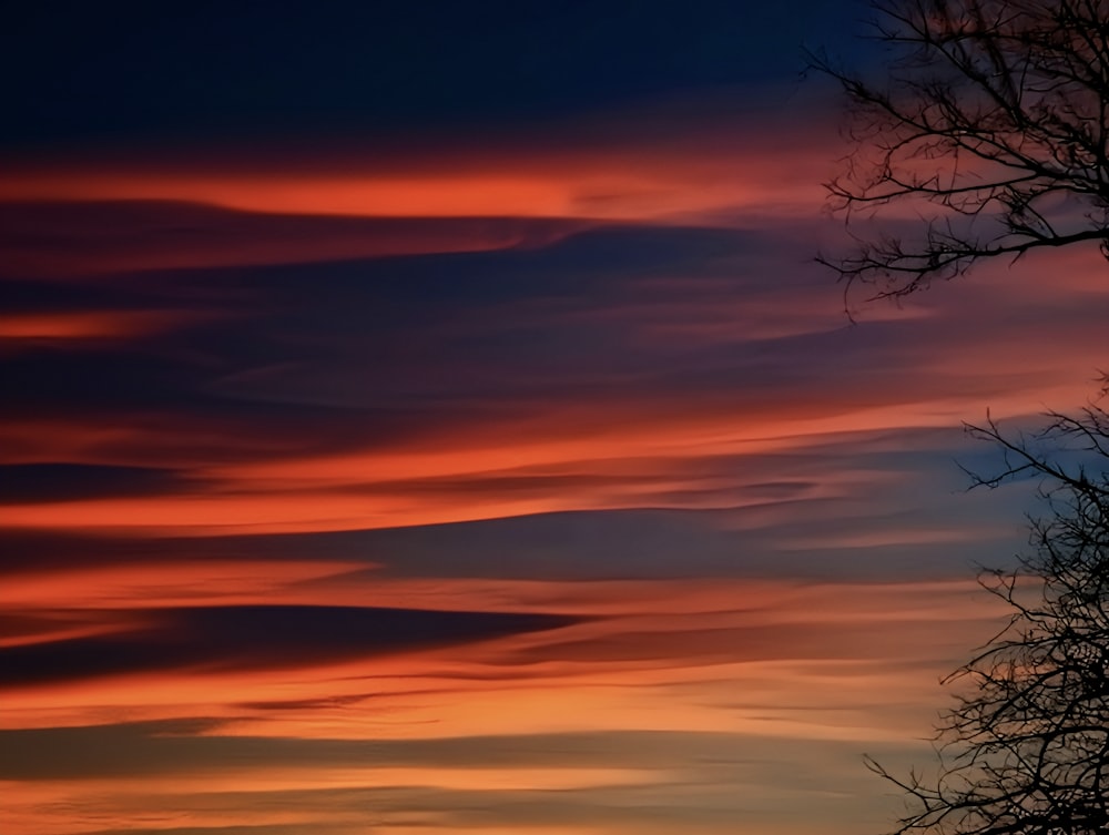 um pôr do sol com nuvens e árvores em primeiro plano