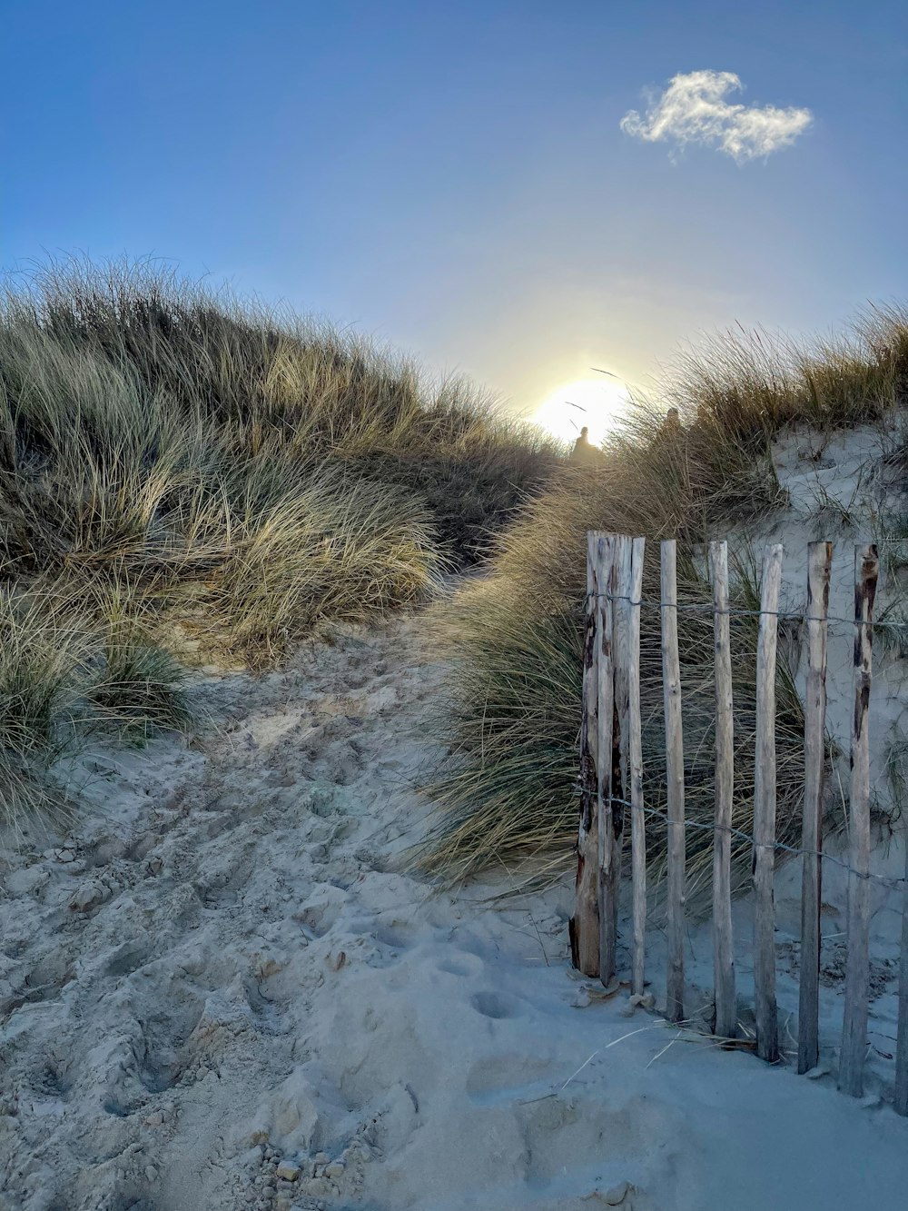 the sun is setting over the sand dunes