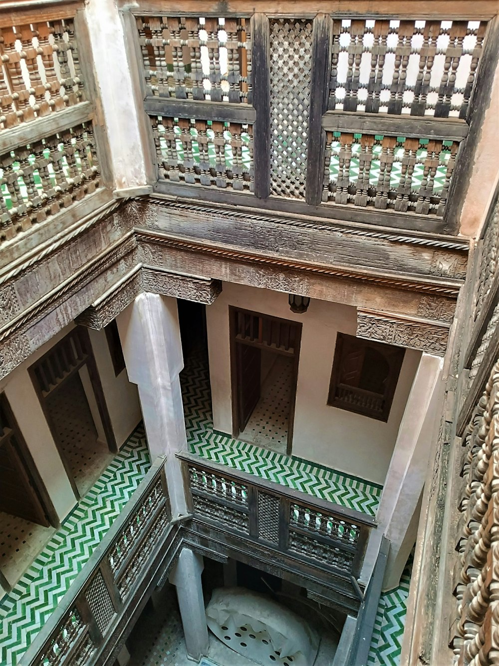 a view of a building from the top of the stairs