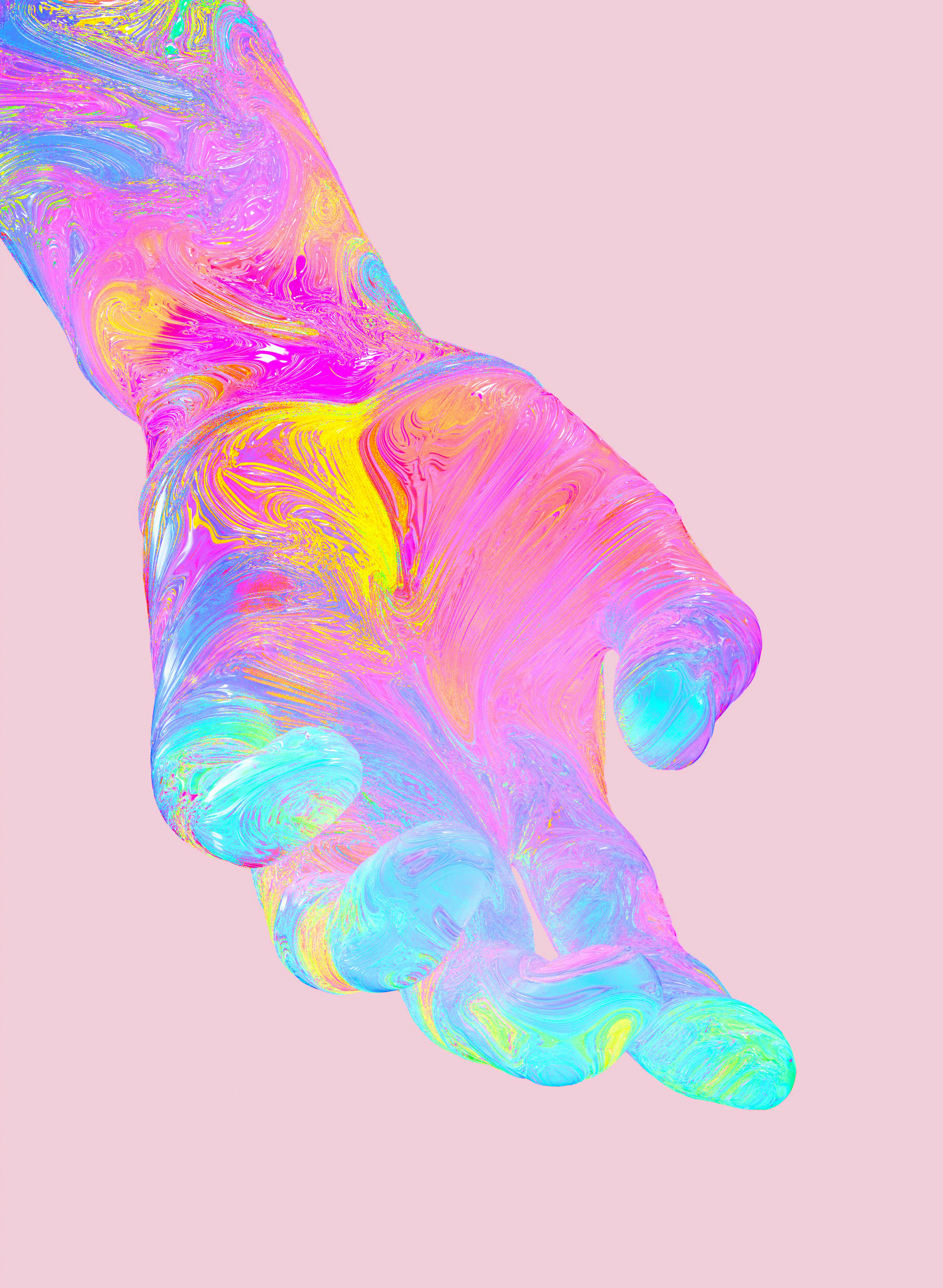 a pink and blue painting of a person's hand