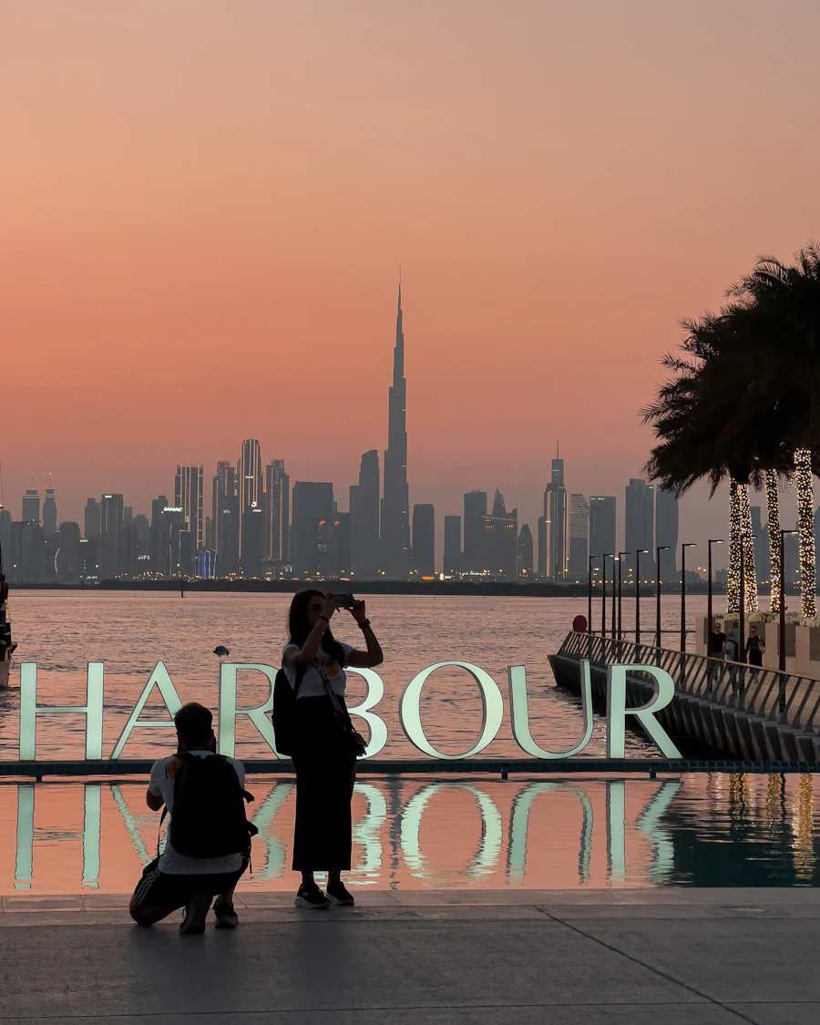 Two people standing by the water looking at the city