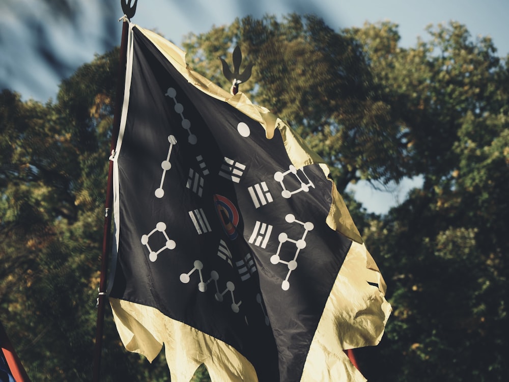 una bandiera nera e gialla con un teschio e ossa incrociate