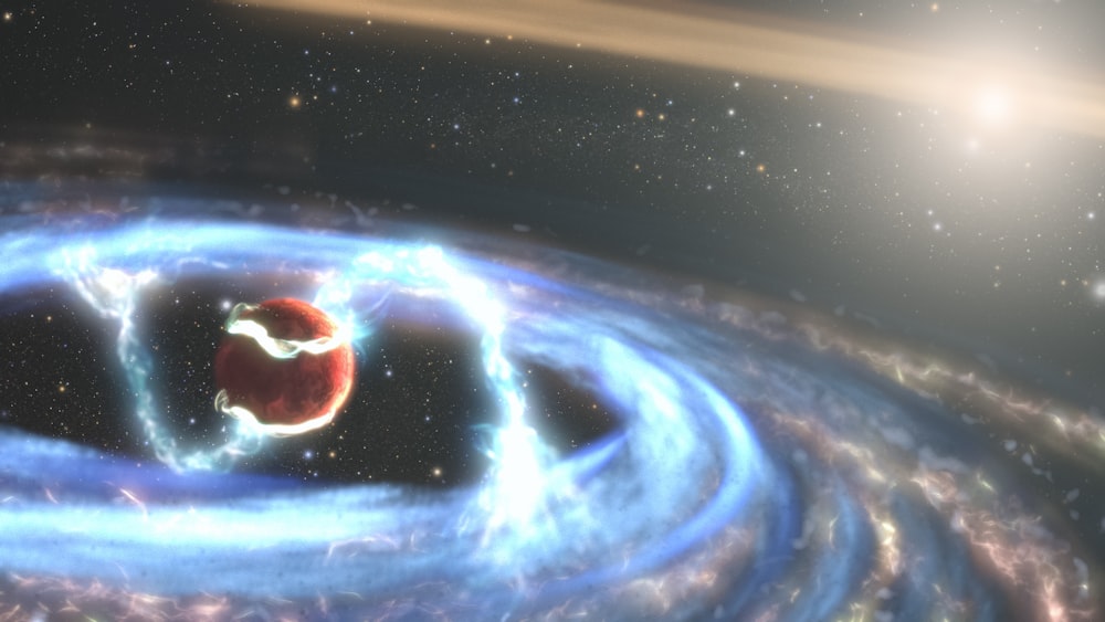 an artist's impression of a black hole in the center of a blue spiral