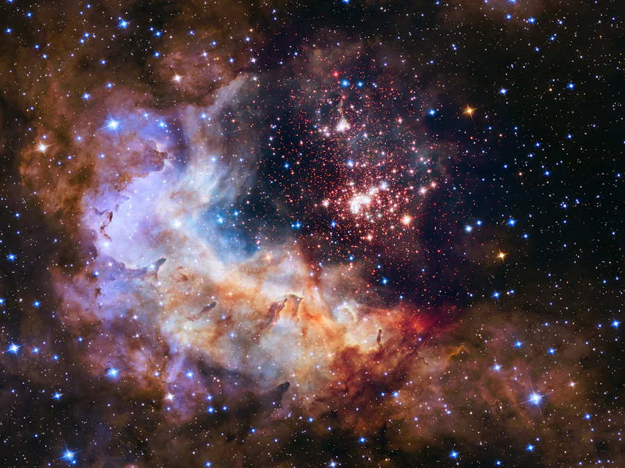A deep-field nebula photographed by the NASA Hubble Space Telescope.