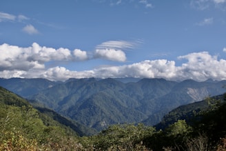 a view of a mountain range with clouds in the sky