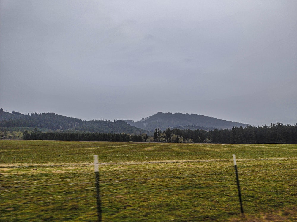 a field with a fence and a mountain in the background