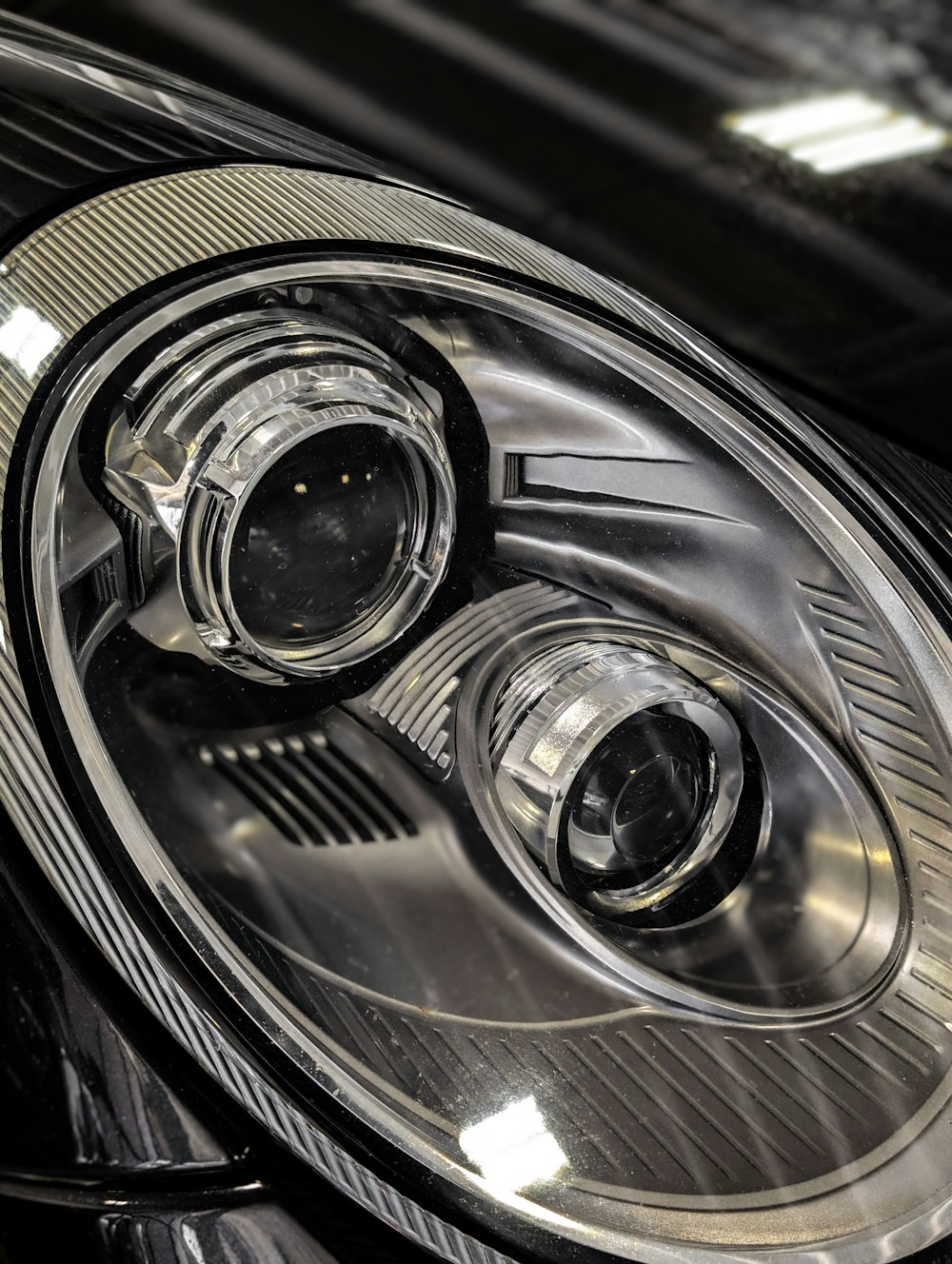 a close up of a car's headlight