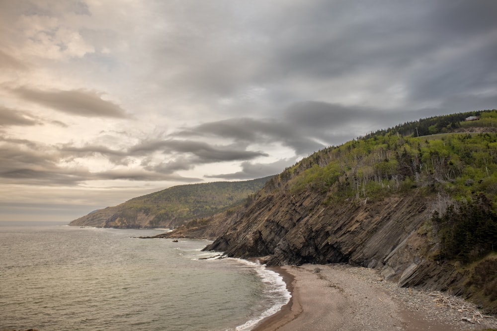 a sandy beach next to the ocean under a cloudy sky