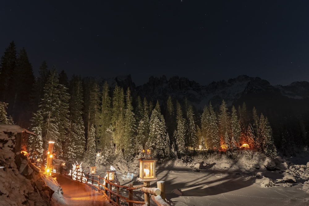 Una vista notturna di una montagna innevata