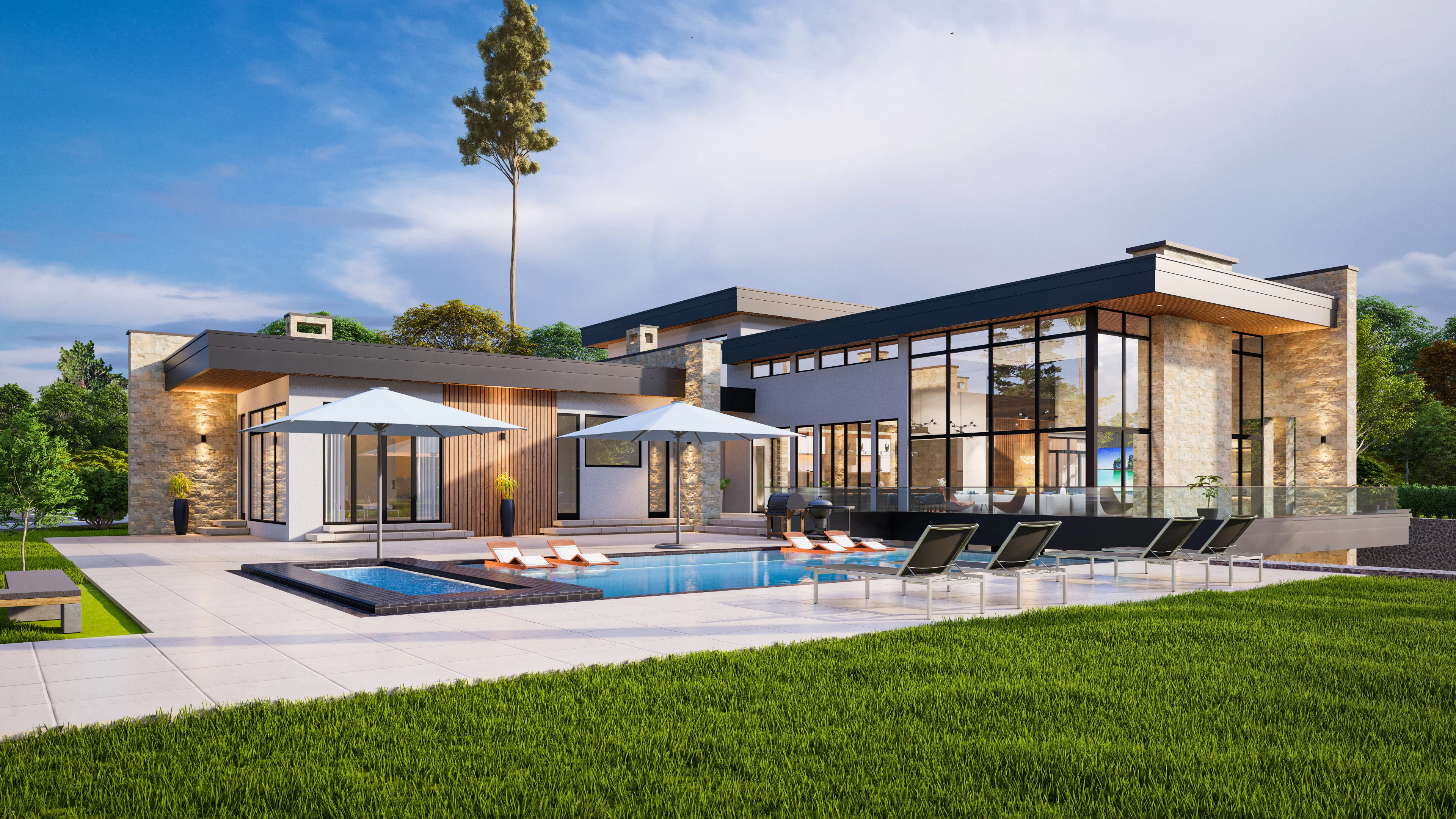 Single-storey house with a swimming pool and loungers