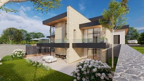 a rendering of a modern house with a patio