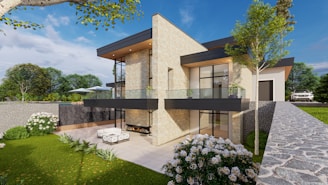 a rendering of a modern house with a patio
