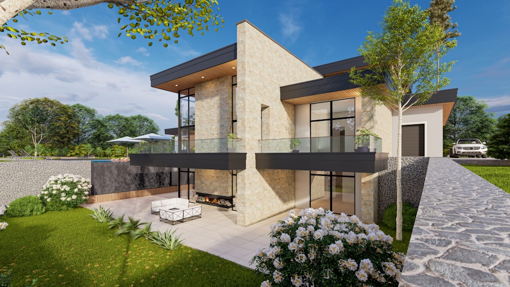 a rendering of a modern house with a patio