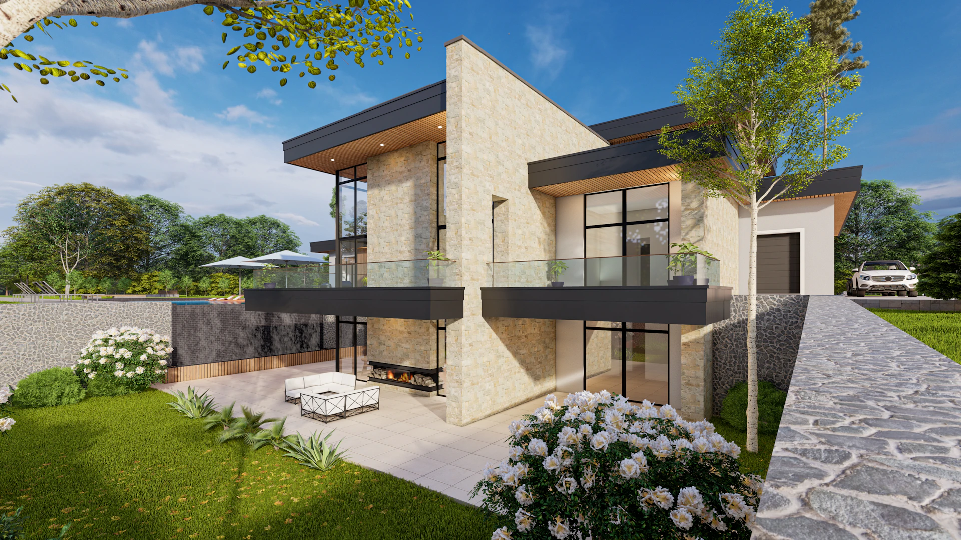a rendering of a modern house with a patio