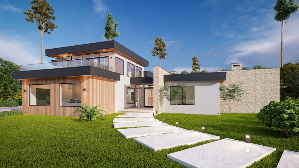 a rendering of a modern house in the middle of a grassy area