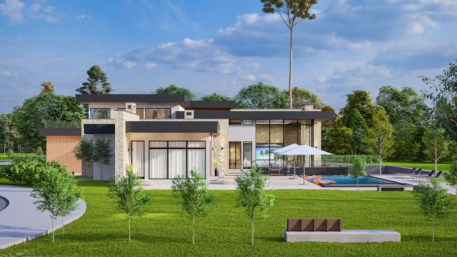 Rendering of a modern luxury villa with a swimming pool