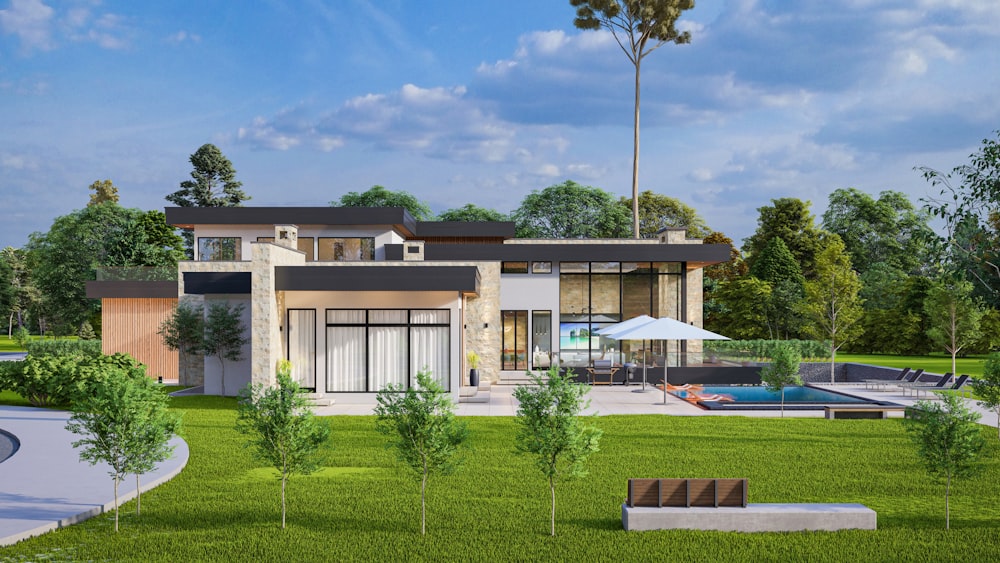 a rendering of a modern house with a pool
