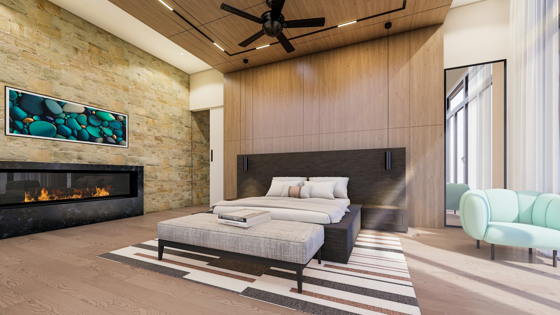 a living room with a large bed and a fireplace