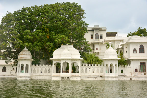 Udaipur's lake and palaces at night
