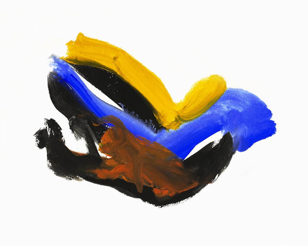 a painting of a hand holding a blue and yellow object