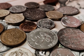 a pile of coins sitting on top of a pile of money