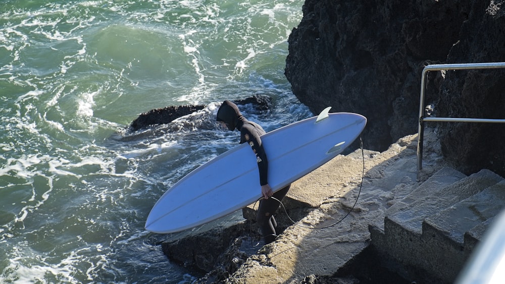 a person holding a surfboard near the ocean
