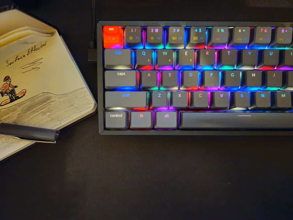 a keyboard and a book on a table